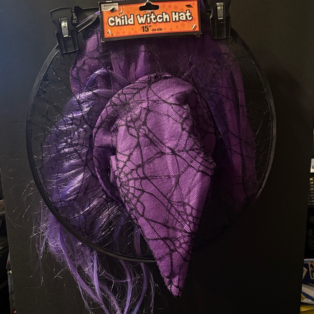 Purple Child Witch Hat with Spider Web Design with Purple Tutu